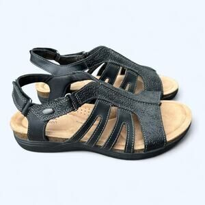 Clarks April Belle Black Strappy Gladiator Open Toe Sandal Womens 9 Wide Comort